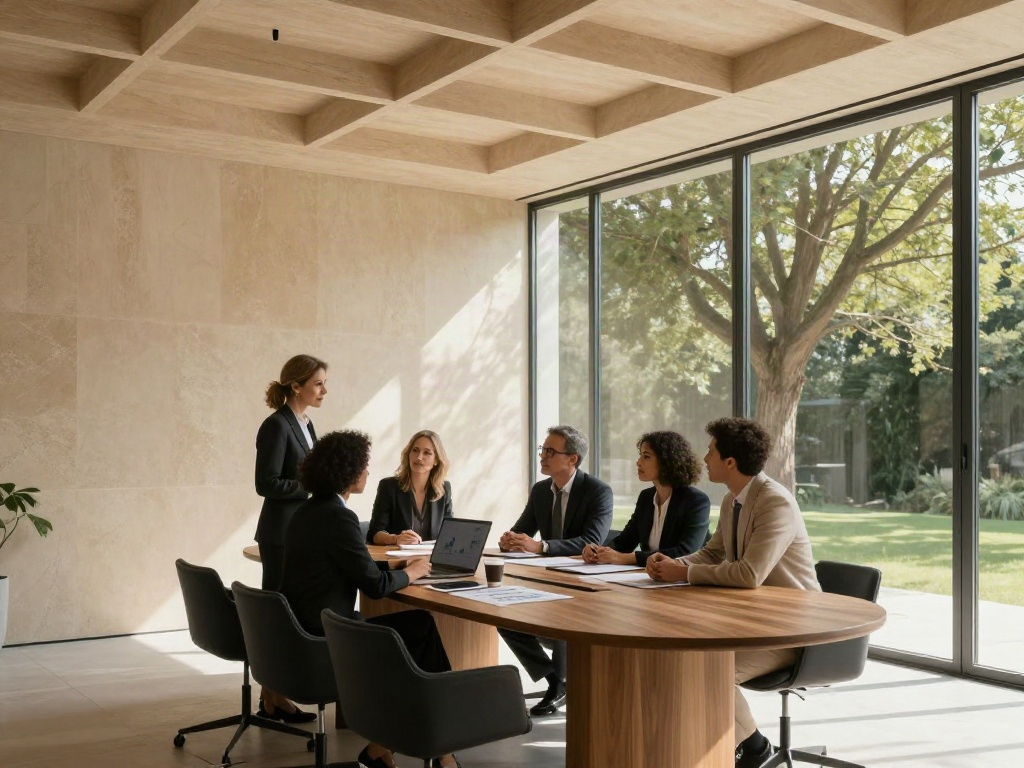 Consultants exploring business strategy together in a light-filled boardroom